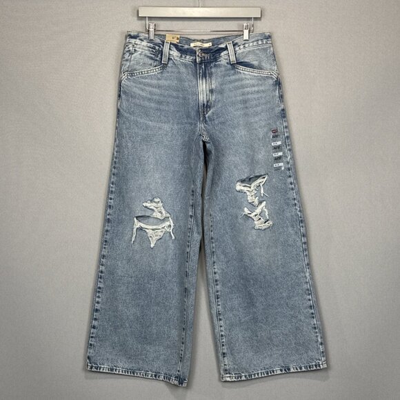 Levis Jeans Women 31 Blue 94 Baggy Wide Leg Mid Rise Distressed Light Wash Denim - Picture 2 of 11
